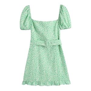 Zara Green Floral Belted Puff Sleeve Mini Dress 70’s Inspired L
